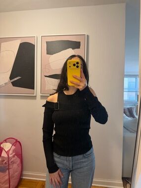 Jonathan Simkhai Black Off-Shoulder Ribbed Sweater with Buckle